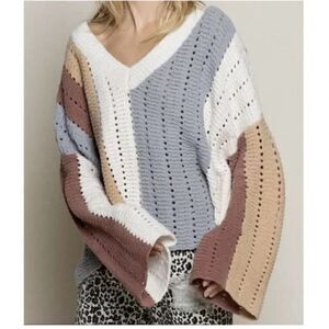 Anthropologie POL Bold On Stripes Knit V-neck Sweater Oversized Style Size M